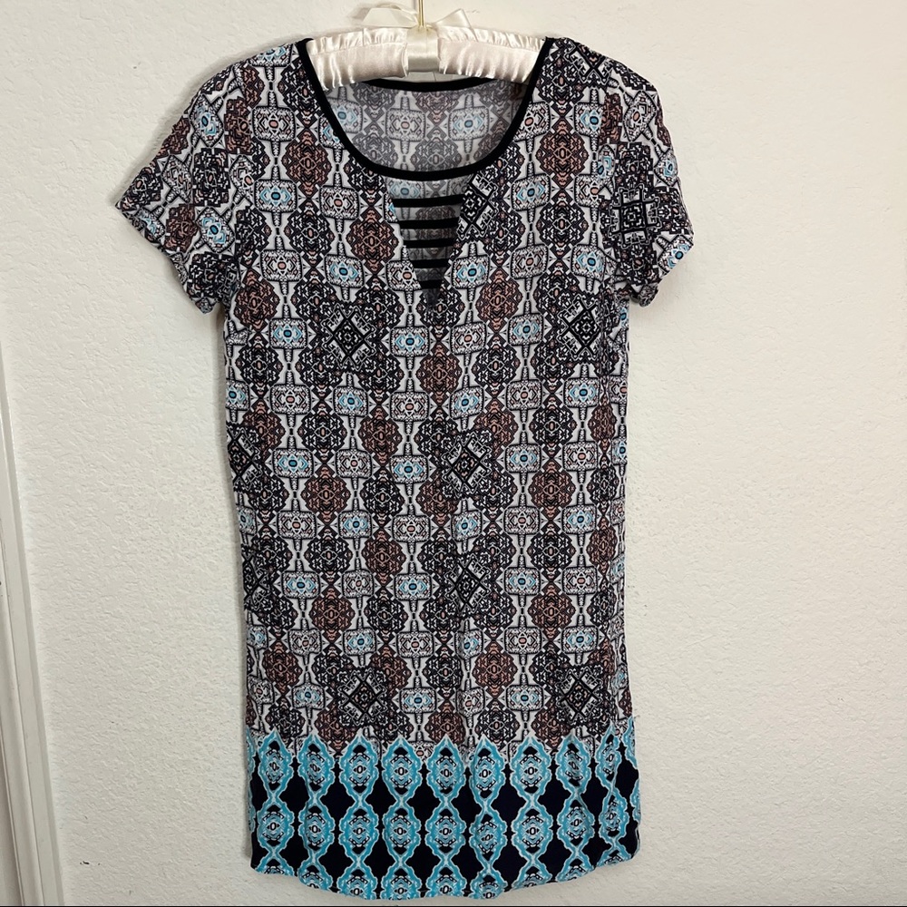 Skies Are Blue Navy Dress Geometric Patterned Casual Shift Mini Turquoise Sz XS